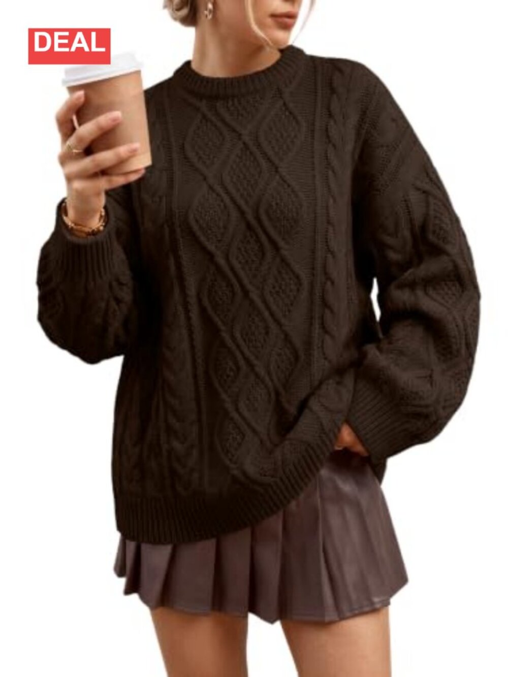 Oversized Cable Knit Cotton Blend Pullover Sweater Crew Neck Fall